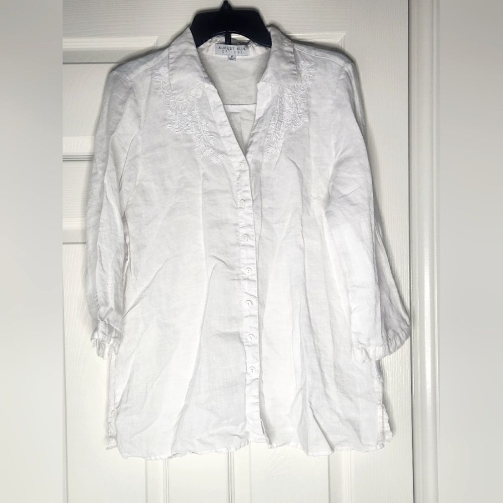 August Silk Options M White V-neck 100% LINEN 3/4Sleeve Embroidered Women Shirt